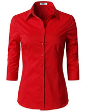 Load image into Gallery viewer, Doublju Womens Slim Fit Plus Size Office Work Wear 3/4 Sleeve Collared Blouse Shirt RED X-Large
