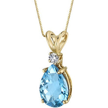 Load image into Gallery viewer, Peora Swiss Blue Topaz with Genuine Diamond Pendant in 14K Yellow Gold, Elegant Teardrop Solitaire, Pear Shape, 10x7mm, 2.30 Carats total
