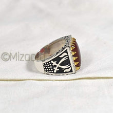 Load image into Gallery viewer, Red Onyx Silver Boys Ring, 925K Sterling Silver, Handmade Silver Ring, Aqeeq Men's Red Onyx, Black Enamel, Sword Design, Birthday Gift For Him
