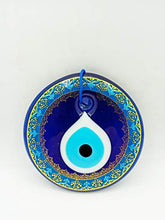 Load image into Gallery viewer, Erbulus Glass Blue Evil Eye Wall Hanging Gold and Turquoise Floral Design Ornament – Turkish Nazar Bead - Home Protection Charm - Wall Art Amulet in a Box
