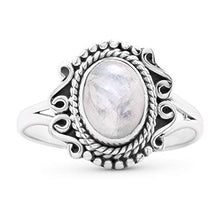 Load image into Gallery viewer, Koral Jewelry Oval Moonstone Ethnic Delicate Ring 925 Sterling Silver Vintage Tribal Gipsy Boho Look (8)
