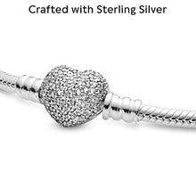 Load image into Gallery viewer, PANDORA Jewelry Moments Sparkling Heart Clasp Snake Chain Charm Cubic Zirconia Bracelet in Sterling Silver, 7.5"
