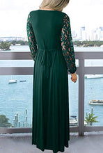 Load image into Gallery viewer, Zattcas Women Fall Casual Wrap V Neck Vintage Floral Lace Long Sleeve Maxi Dress Dark Green Small
