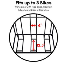 Load image into Gallery viewer, BirdRock Home 3 Bike Stand Rack with Storage – Metal Floor Bicycle Nook – Great for Parking Road, Mountain, Hybrid or Kids Bikes – Garage Organizer - Helmet - Sports Storage Station - Black
