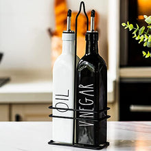 Load image into Gallery viewer, Farmhouse Oil and Vinegar Dispenser Set by Brighter Barns - Black &amp; White Olive Oil Dispenser Bottle with Caddy Holder &amp; Stainless Steel Spout - Cute Modern Vintage Glass Cruet for Kitchen -500ml 17oz

