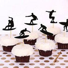 Load image into Gallery viewer, Ercadio 24 Pack Surfing Cupcake Toppers Black Glitter Surfboard Sport Cupcake Picks Surf Theme Baby Shower Kids Birthday Party Cake Decorations Supplies
