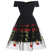 Load image into Gallery viewer, Women Vintage 1950s Embroidered Rose Cocktail Party Swing Dress Gatsby Princess Retro Valentine’s Day Evening Midi Skirt Gown Black - Short Sleeve M
