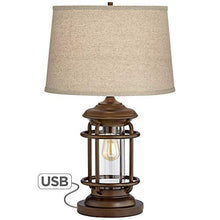 Load image into Gallery viewer, Andreas Industrial Table Lamp with Nightlight and USB Port Brown Metal Oatmeal Fabric Tapered Drum Shade Antique LED Edison Bulb for Living Room Bedroom Bedside Nightstand Office - Franklin Iron Works
