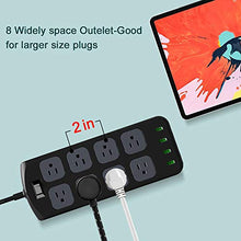 Load image into Gallery viewer, Power Strip Surge Protector 1875W/15A - 8 AC Outlets 3.1A 4 USB Ports 6 Feet Long Extension Cord, Mountable Power Outlet for Flat Plug Phone iPad PC Laptop Home,Office &amp; Hotel - Black
