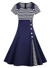 Load image into Gallery viewer, Wellwits Women's Vintage Pin Up A Line Stripes Sailor Dress Navy M
