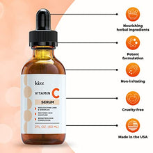 Load image into Gallery viewer, KIZZ Vitamin C Serum - Facial Skin Care Formulated with Hyaluronic Acid, Vitamin E, Aloe, Jojoba Oil &amp; Witch Hazel - For Brightening &amp; Moisturizing Skin - Helps Lift Fine Lines, Wrinkles - 2 fl. Oz
