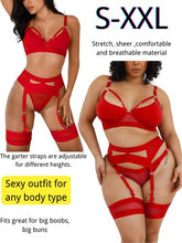 Load image into Gallery viewer, Kaei&amp;Shi Garter Belt Thong Lingerie for Women,Strappy Hollow Out Sexy Lingerie,Underwire Mesh Sheer Matching 4 Piece Lingerie Set Valentine Day Red Medium
