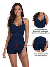 Load image into Gallery viewer, Century Star Women Bathing Suits Halter Top Vintage Inspired Boy-Leg One Piece Ruched Monokinis Swimsuit Beach Dark Blue 4-6

