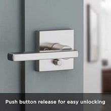 Load image into Gallery viewer, Kwikset 91550-001 Halifax Door Handle Lever with Modern Contemporary Slim Square Design for Home Bedroom or Bathroom Privacy in Satin Nickel
