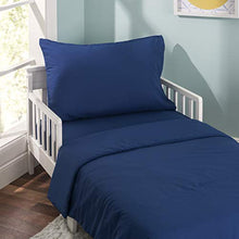 Load image into Gallery viewer, EVERYDAY KIDS 4 Piece Toddler Bedding Set - Includes Comforter, Flat Sheet, Fitted Sheet and Reversible Pillowcase - Solid Navy
