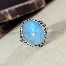 Load image into Gallery viewer, Rainbow Moonstone Silver Ring, Solid 925K Sterling Silver, Cab Oval, Natural Gemstone, Artisan Handcrafted Jewelry, Oxidized Silver, Men's Moonstone Ring, Valentine Day Gift, Propose Ring, Size 5-14
