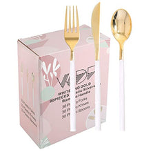 Load image into Gallery viewer, WDF 90Pieces Gold Plastic Silverware-Gold Plastic Cutlery with White Handle- Heavyweight Disposable Flatware Include 30Forks, 30 Spoons, 30 Knives
