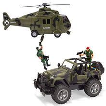 Load image into Gallery viewer, JOYIN 2 Pack Friction Powered Realistic Military Vehicle Car Set Including Convertible Military Truck, Helicopter, Army Men Action Figures and Accessories, Lights and Sounds Sirens
