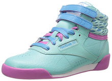 Load image into Gallery viewer, Reebok Freestyle High Classic Shoe (Little Kid/Big Kid), Crystal Blue/Blue Beam/Ultra Berry/White, 1 M US Little Kid
