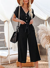 Load image into Gallery viewer, ROSKIKI Women's V-Neck Short Sleeve Button Pocketed Wide Leg Jumpsuits Romper with Belt
