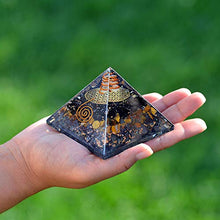 Load image into Gallery viewer, Orgonite Crystal Triple Protection Orgone Pyramid with Black Tourmaline, Tiger Eye and Hematite Crystals – Flower of Life Pyramid Dispels Negative Energy to Promote Luck and Prosperity
