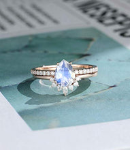 Load image into Gallery viewer, 2pcs Pear shaped moonstone engagement ring Rose gold Unique vintage halo diamond/moissanite wedding women Bridal half eternity Promise gift, Bridal Promise Anniversary gift,gift for her, women’s ring
