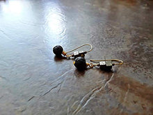 Load image into Gallery viewer, Pyrite and Lava Stone Essential Oil Diffuser Long Hook Earrings Gold
