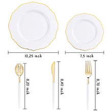 Load image into Gallery viewer, WDF 30Guest Gold Plastic Plates &amp; Disposable Gold Plastic Silverware With White Handle- Baroque White&amp;Gold Plastic Dinnerware for Upscale Wedding &amp;Parties
