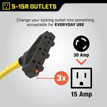Load image into Gallery viewer, Champion Power Equipment 48034 25 ft. 30A 125V Generator Power 3750 Watts (L5-30P to Three 5-15R) Extension Cord, yellow
