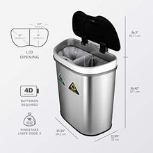 Load image into Gallery viewer, NINESTARS Automatic Touchless Infrared Motion Sensor Trash Can/Recycler with D Shape Silver/Black Lid &amp; Stainless Base, 18 Gal, Stainless Steel
