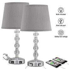 Load image into Gallery viewer, 3 Way Dimmable Touch Control Crystal Table Lamp with 2 USB Charging Ports, Acaxin Bedside Light with Mordern Gray Fabric Shade, Bed Lamp for Bedroom, Living Room, Guest Room Set of 2 (Bulb Included)
