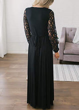 Load image into Gallery viewer, Women Fall Casual Faux Wrap V Neck Vintage Floral Lace Long Sleeve Maxi Dress Black S
