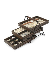 Load image into Gallery viewer, Umbra 1004037-048 Terrace Jewelry Tray – Three-Tier Jewelry Tray With Three Sliding Linen Lined Wood Trays With Metal Frame and Handle, Easy Storage and Access, Black/Walnut Finish
