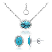 Load image into Gallery viewer, 925 Sterling Silver 8x6 Oval Shape Simulated Turquoise Pendant Necklace, 16"+ 2" Extender and Stud Earrings, Jewelry Set for Women Girls
