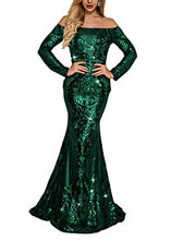 Load image into Gallery viewer, Yissang Women's Off Shoulder Floral Sequined Sparkle Party Evening Cocktail Mermaid Maxi Long Dress Prom Gowns Green Medium
