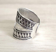 Load image into Gallery viewer, Sterling Silver Ethnic Boho Wide Band Ring, Handmade Tribal Gypsy Adjustable wrap around ring With Geometric Engraving, fit as Thumb Ring, Gift for Her
