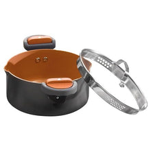Load image into Gallery viewer, Gotham Steel 5 Quart Stock Multipurpose Pasta Pot with Strainer Lid &amp; Twist and Lock Handles, Nonstick Ceramic Surface Makes for Effortless Cleanup with Tempered Glass Lid, Dishwasher Safe, Graphite
