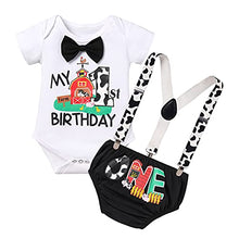 Load image into Gallery viewer, Farm Animals 1st Birthday Outfit Boys Baby Cake Smash Bowtie Romper Suspenders Diaper Covers Shorts First Cow Theme Farm Birthday Party Supplies Decorations for Photo Shoot Black 12-18 Months
