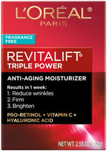 Load image into Gallery viewer, L’Oreal Paris Skincare Revitalift Triple Power Fragrance-Free Face Moisturizer with Pro Retinol, Hyaluronic Acid &amp; Vitamin C, Reduce Wrinkles, Firm and Brighten Skin, 2.55 Oz
