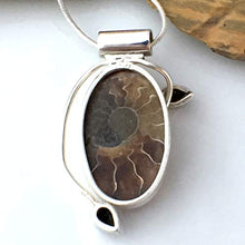 Load image into Gallery viewer, Authentic Well-Preserved AMMONITE Fossil and Black Onyx Gemstones, 925 Sterling Silver, Designer Pendant (1.5" Long) Jewelry with FREE Silver Chain.
