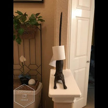Load image into Gallery viewer, Comfify Yoga Cat Decorative Paper Towel Holder or Toilet Paper Holder Adorable “Downward Dog” Pose Kitty- Cast Iron Paper Towel Stand - Antiqued Cast Iron Storage - Multiple uses - 19” Tall.
