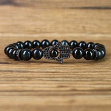 Load image into Gallery viewer, COAI Hand of Hamsa Black Obsidian Stone Mens Bracelet 7"
