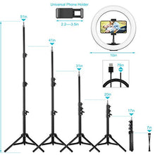 Load image into Gallery viewer, 10" LED Selfie Ring Light with 2 Tripod Stand &amp; 3 Cell Phone Holder 3 Lighting Modes 10 Dimmable Brightness for Live Streaming YouTube Video Photography Makeup Circle Light for iPhone Android Camera
