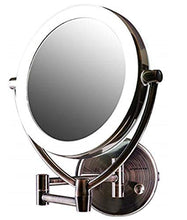 Load image into Gallery viewer, Ovente 7.5" Lighted Wall Mount Makeup Mirror, 1X &amp; 10X Magnifier, Spinning Double Sided Round LED w/ Dimmer Switch, Extend, Retractable &amp; Folding Arm, Battery USB Powered Antique Brass MLW75AB1X10X
