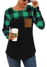 Load image into Gallery viewer, Green Black Buffalo Plaid Neck Long Sleeve Patchwork Blouse Top Curve Hem Tunic
