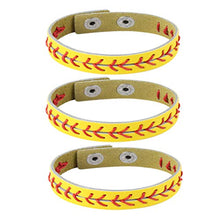 Load image into Gallery viewer, HZMAN Genuine Leather Baseball Bracelets by Athletes Bangle Cuff Wristband, 3 Pcs White Black Yellow (Yellow)
