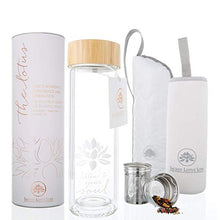 Load image into Gallery viewer, The Lotus Glass Tea Tumbler with Strainer &amp; Infuser Basket for Loose Leaf Tea. Leak-Proof Lid. BPA Free. Double-Walled Glass Travel Tea Cup. 15 ounces
