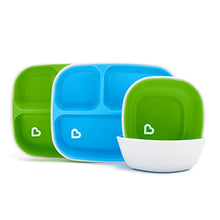 Load image into Gallery viewer, Munchkin Splash 4 Piece Toddler Divided Plate and Bowl Dining Set, Blue/Green
