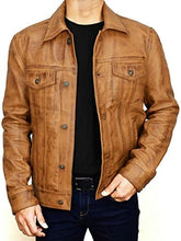 Load image into Gallery viewer, Men's Brown Leather Jacket, Slim Fit Real Lambskin Motorcycle Leather Trucker Jacket Men.

