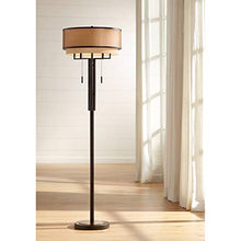 Load image into Gallery viewer, Alamo Modern Floor Lamp Industrial Bronze Sheer Brown Organza and Linen Double Drum Shade for Living Room Reading - Franklin Iron Works
